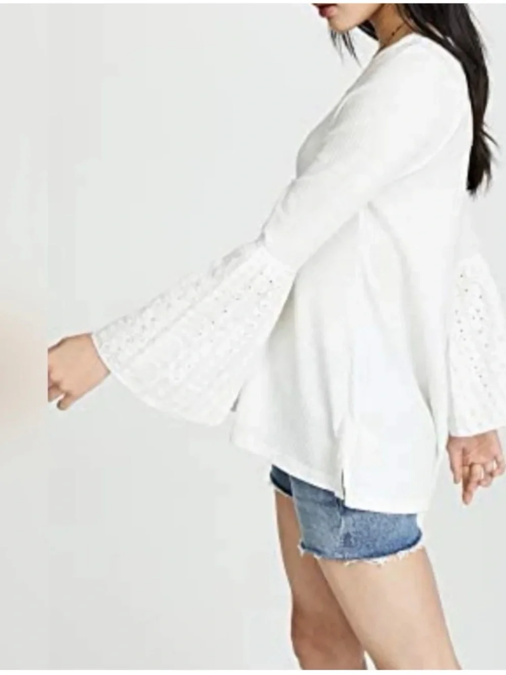 Free People Women’s Sz S White Eyelet Lace Top Bell Sleeve Parisian Nights Knit